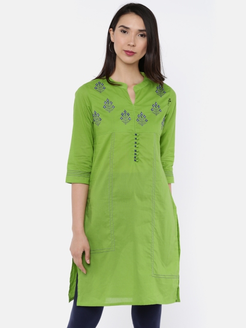 

Karigari Women Green Solid Embroidered Straight Kurta