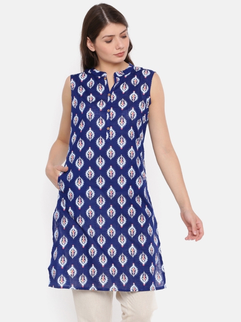 

Karigari Women Navy Blue & White Printed Straight Kurta