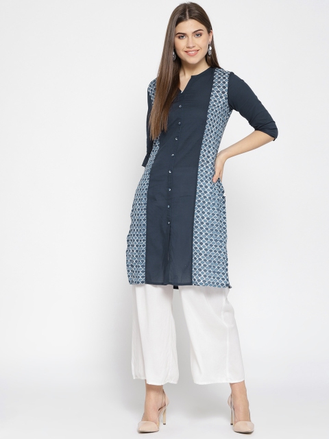 

Karigari Women Navy Blue & White Solid Straight Kurta