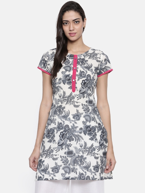 

Karigari Women Off-White & Grey Floral Print Straight Kurta