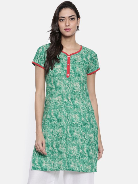 

Karigari Women Green & Cream-Coloured Printed Straight Kurta