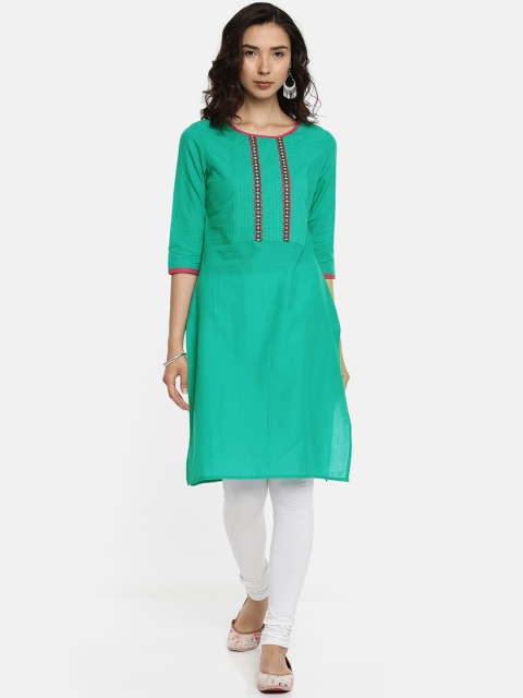 

Karigari Women Green Woven Design Straight Kurta
