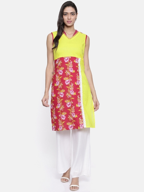 

Anahi Women Yellow & Pink Colourblocked Straight Kurta