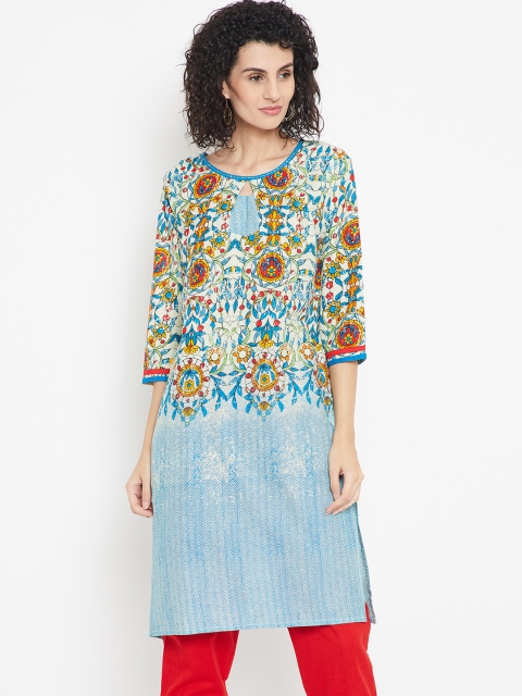 

Karigari Women Blue & Off-White Floral Print A-Line Kurta