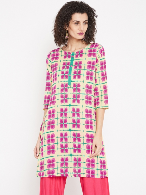 

Karigari Women Beige & Pink Printed Straight Kurta
