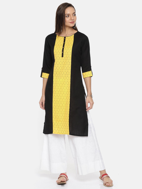 

Karigari Women Black & Yellow Colourblocked Straight Kurta