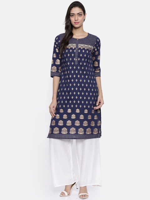 

Karigari Women Navy Printed Straight Kurta, Navy blue
