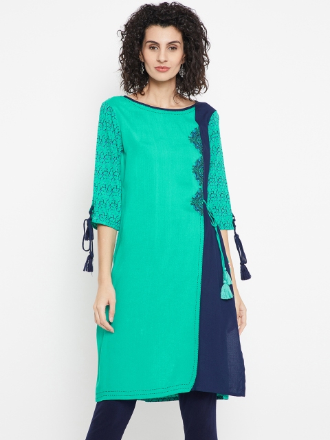 

Karigari Women Green & Navy Blue Printed Straight Kurta