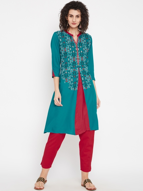 

Karigari Women Teal Green & Red Printed A-Line Kurta