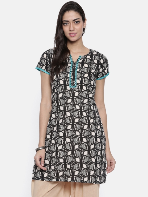 

Karigari Women Black & Off-White Printed Straight Kurta