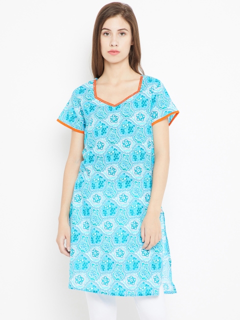 

Karigari Women Green & Blue Printed Straight Kurta