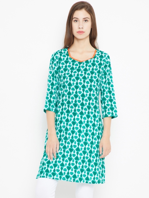

Karigari Women Green & White Printed Straight Kurta