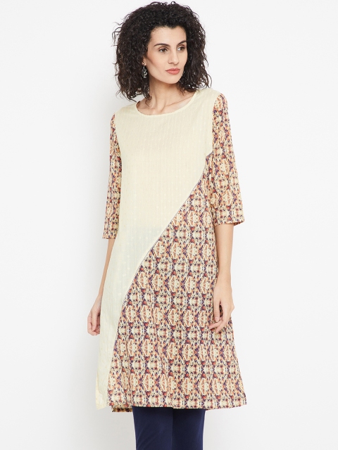 

Karigari Women Cream-Coloured & Purple Printed Straight Kurta