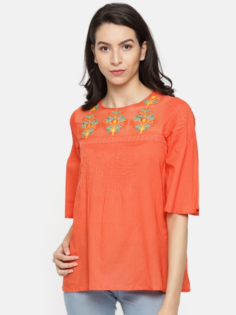 

Bronz Women Coral Orange Solid Pure Cotton Top