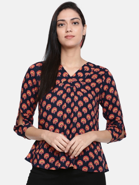 

Bronz Women Navy Blue & Red Printed Top