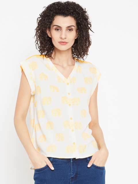 

Bronz Women Off-White & Yellow Printed Shirt Style Top