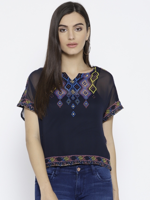 

Bronz Women Navy Blue Semi Sheer Printed Top
