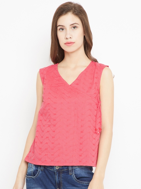 

Bronz Women Coral Orange Embroidered Pure Cotton Top