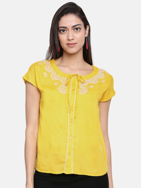 

Bronz Women Mustard Yellow Self-Design Top