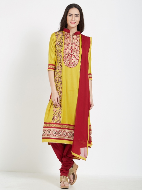 

Kvsfab Mustard & Red Cotton Blend Unstitched Dress Material