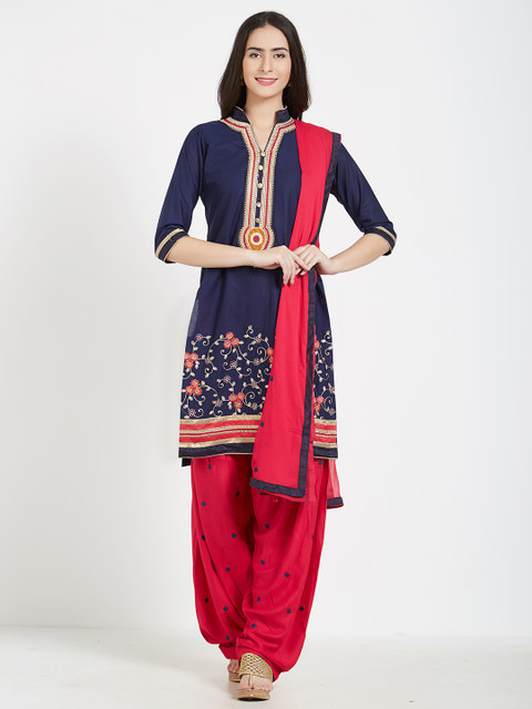 

Kvsfab Navy Blue & Pink Cotton Blend Unstitched Dress Material
