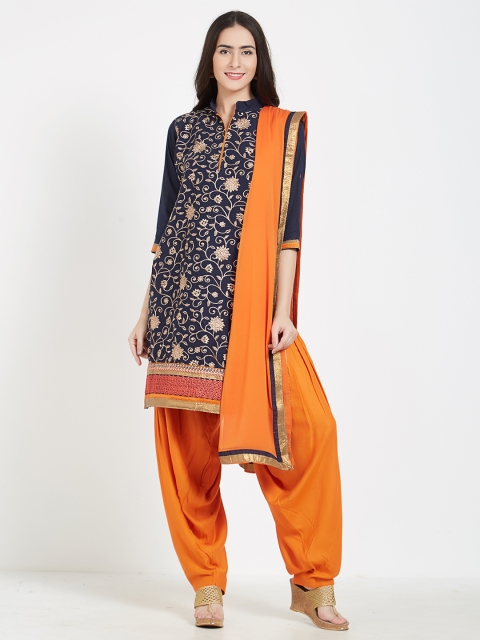 

Kvsfab Navy Blue & Orange Cotton Blend Unstitched Dress Material