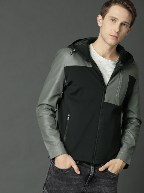 

Roadster Men Black & Grey Colourblocked Hooded Tailored Jacket