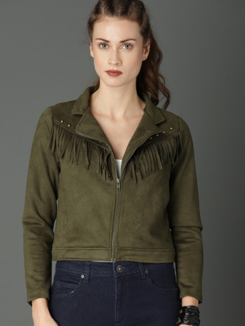 

Roadster Women Olive Green Solid Biker Jacket