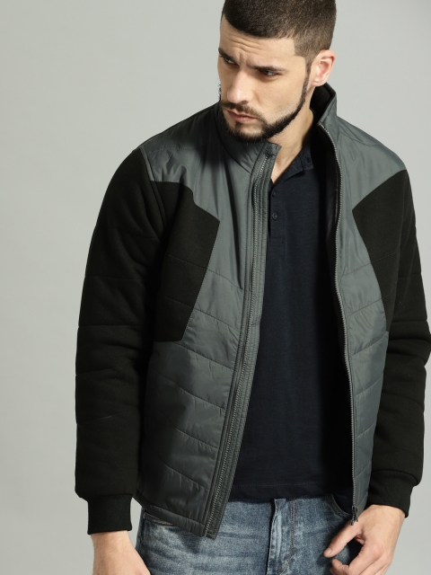 

Roadster Men Grey & Black Colourblocked Puffer Jacket