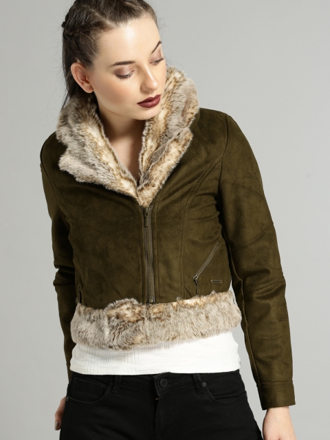 

Roadster Women Olive Green Solid Biker Jacket