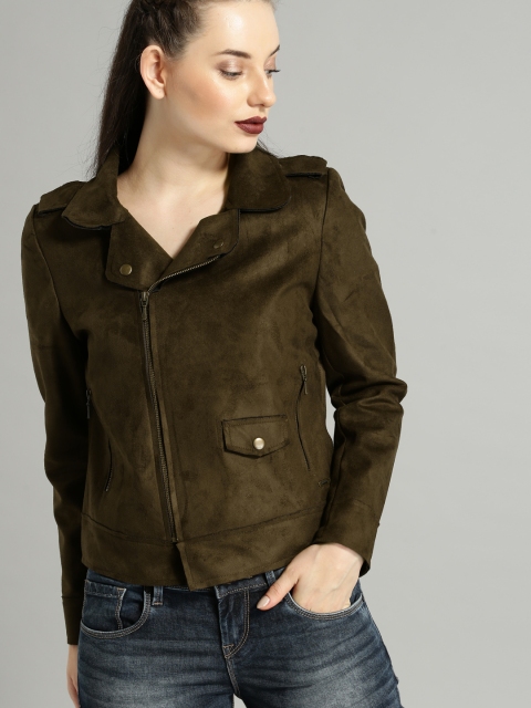 

Roadster Women Olive Green Solid Biker Jacket