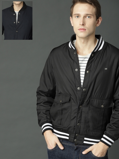 

Roadster Men Black & Navy Blue Solid Reversible Varsity Jacket