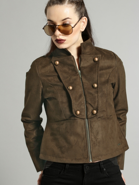 

Roadster Women Olive Green Solid Biker Jacket