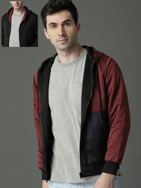 

Roadster Men Maroon & Black Colourblocked Hooded Reversible Bomber Jacket