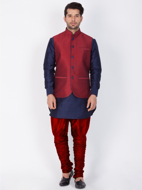 

VASTRAMAY Men Maroon & Navy Blue Solid Kurta with Churidar & Waistcoat