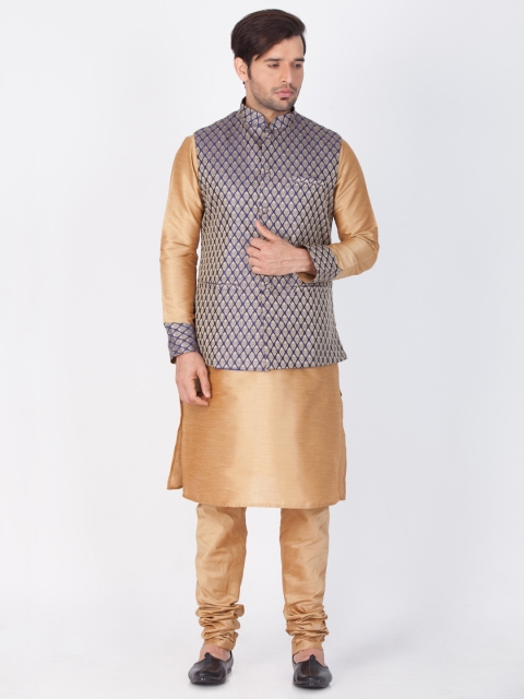

VASTRAMAY Men Blue & Gold-Toned Solid Kurta with Churidar & Waistcoat