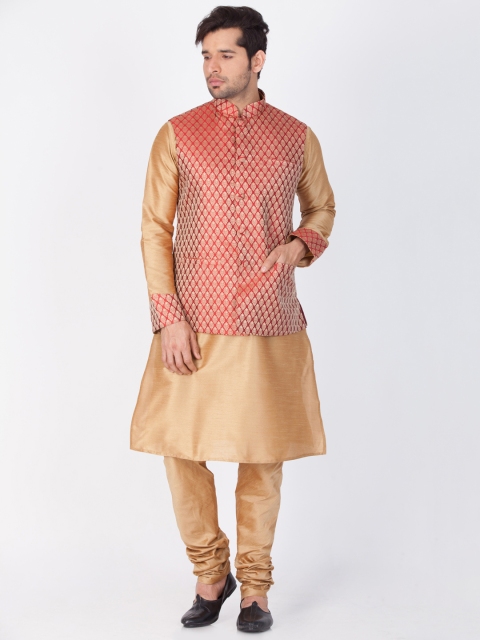 

VASTRAMAY Men Maroon & Gold-Toned Solid Kurta with Churidar & Waistcoat