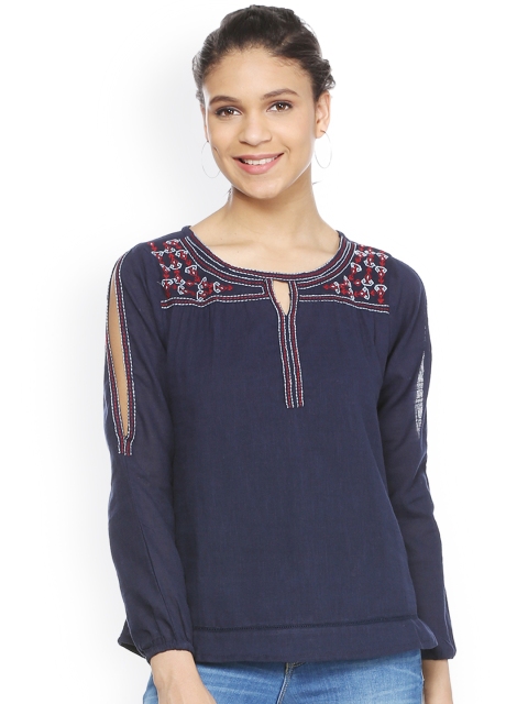 

People Women Navy Blue Self Design Pure Cotton Top