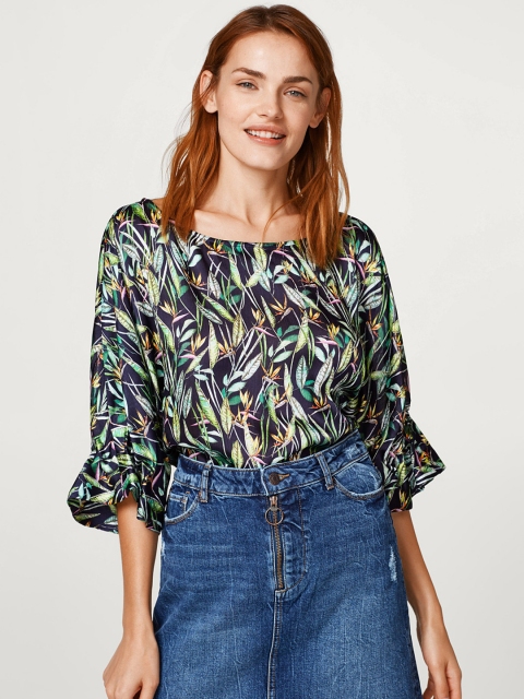 

ESPRIT Women Black & Green Printed Boxy Top