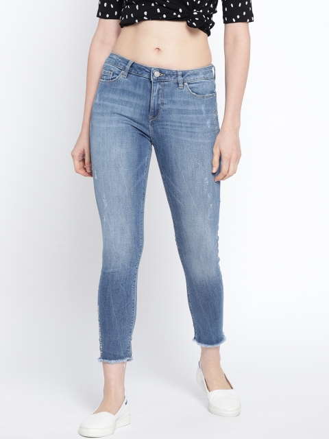 

ESPRIT Women Blue Skinny Fit Mid-Rise Low Distress Stretchable Cropped Jeans