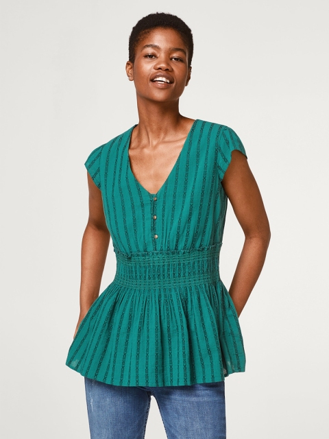 

ESPRIT Women Green Self-Striped Cinched Waist Top