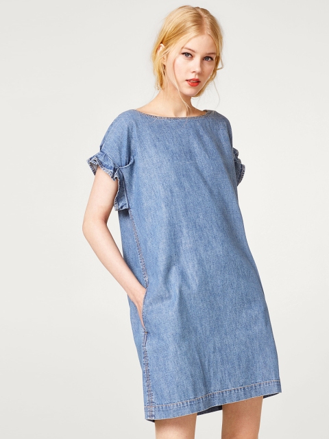 

ESPRIT Women Blue Solid Denim A-Line Dress