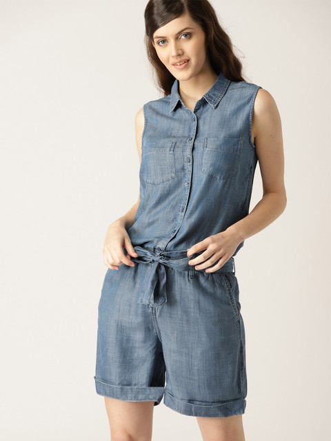 

ESPRIT Blue Solid Chambray Playsuit