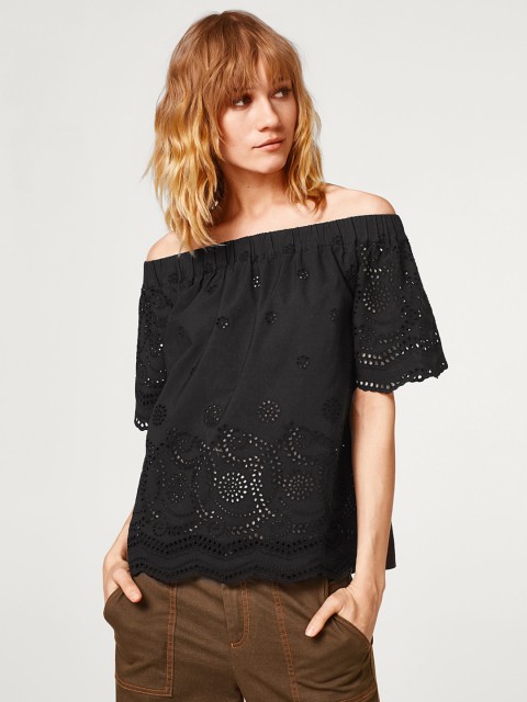 

ESPRIT Women Black Schiffli Embroidered Bardot Top