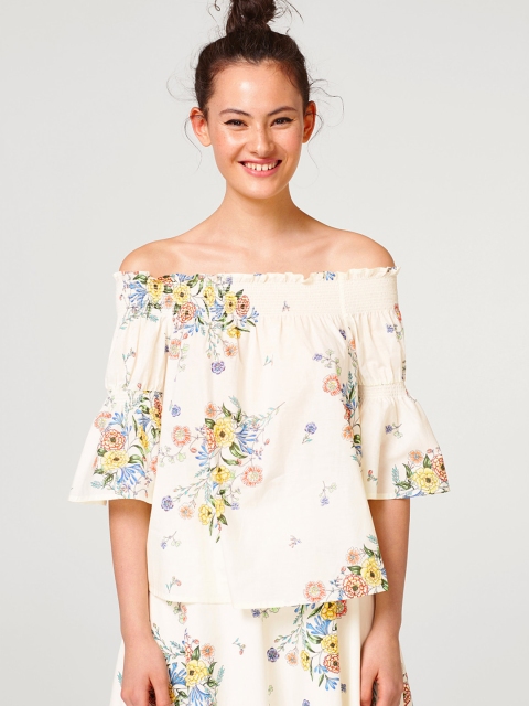 

ESPRIT Women Cream-Coloured & Yellow Printed Bardot Top