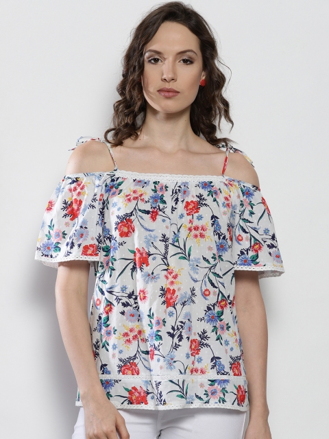 

DOROTHY PERKINS Women White & Blue Floral Print Bardot Top