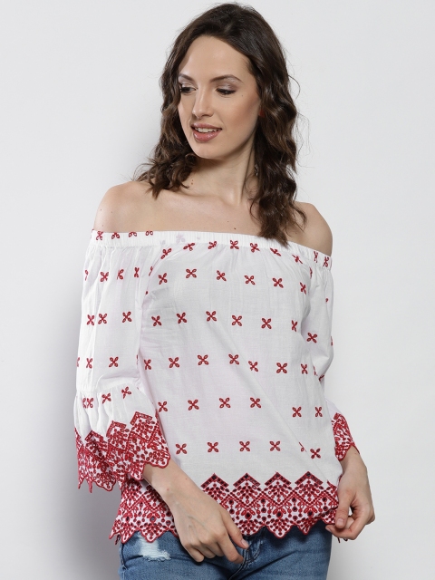 

DOROTHY PERKINS Women White & Red Embroidered Bardot Top