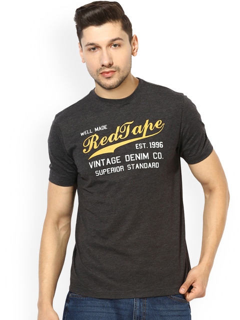

Red Tape Men Charcoal Printed Round Neck T-shirt