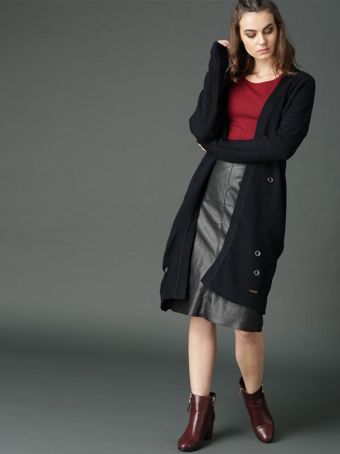 

Roadster Women Navy Blue Solid Front-Open Longline Sweater