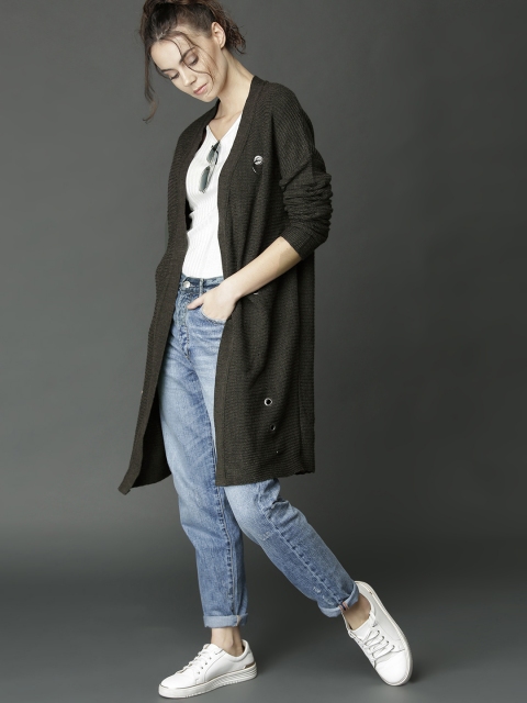 

Roadster Olive Green Solid Front Open Shrug with Eyelets